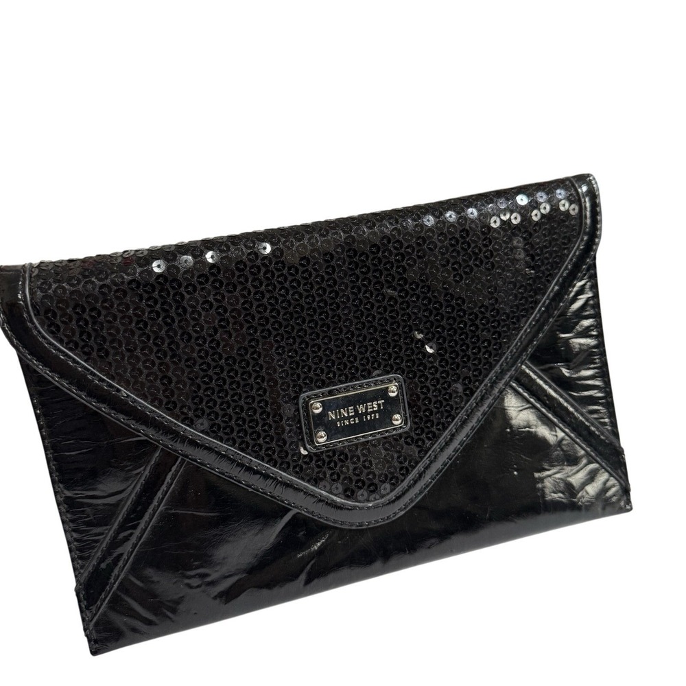 Women's Black Sequin Envelope Clutch Wristlet Patent Evening Party Handbag Purse - Picture 2 of 6